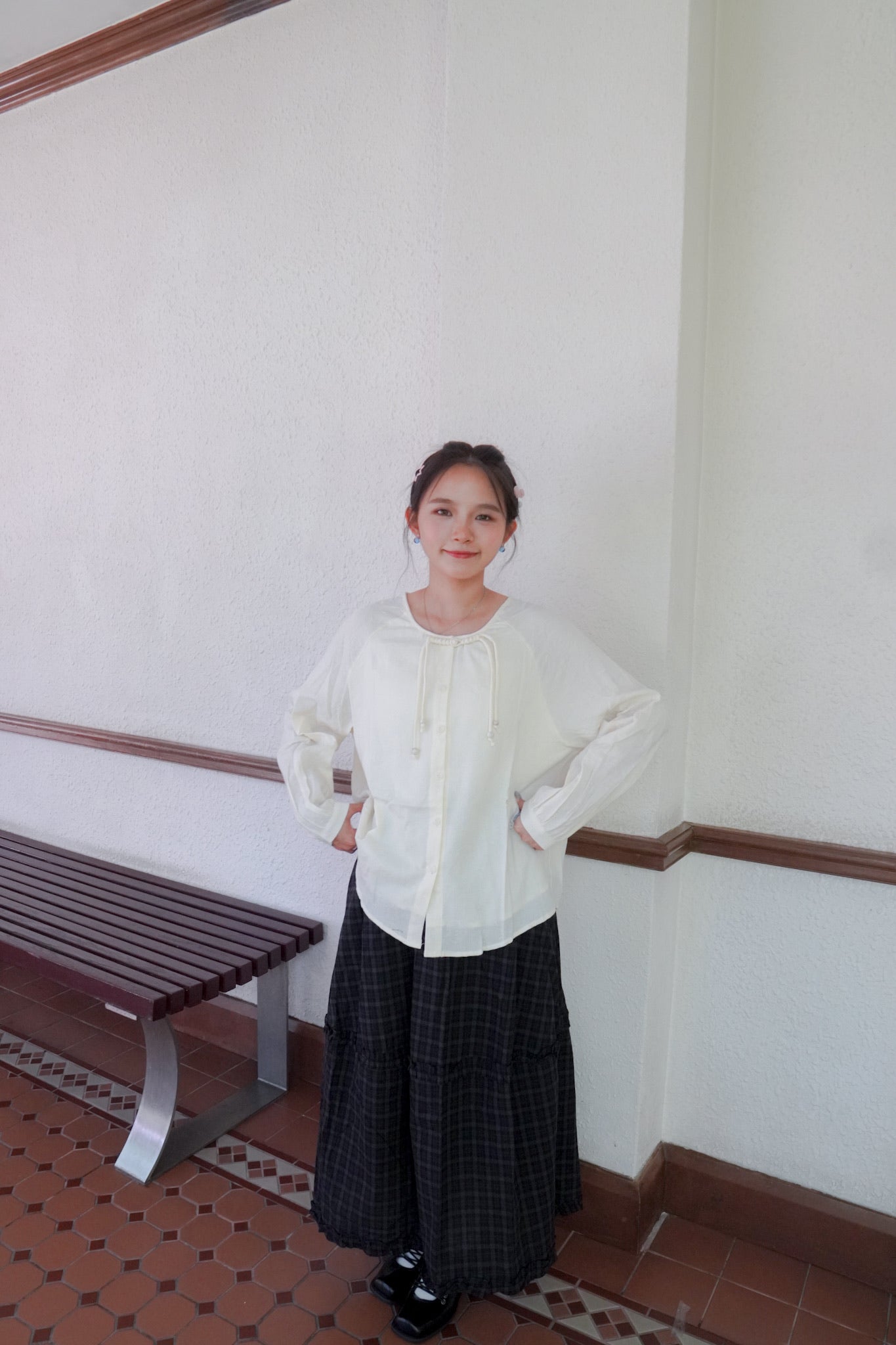 <預訂> 復古格紋花邊半身長裙