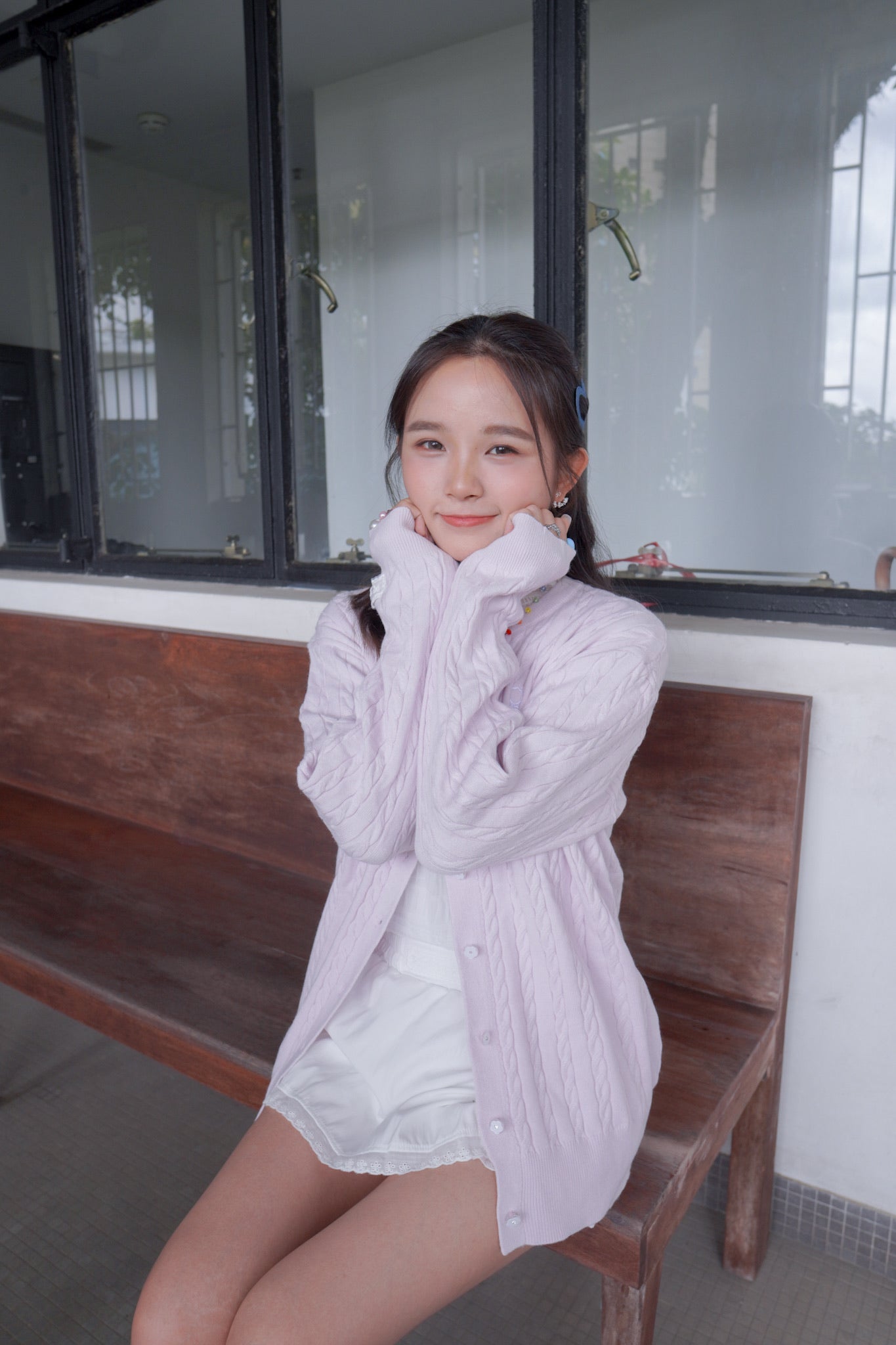 <現貨> 超可愛糖果色～棉花中長款花朵扣麻花開胸外套｜薰衣草紫