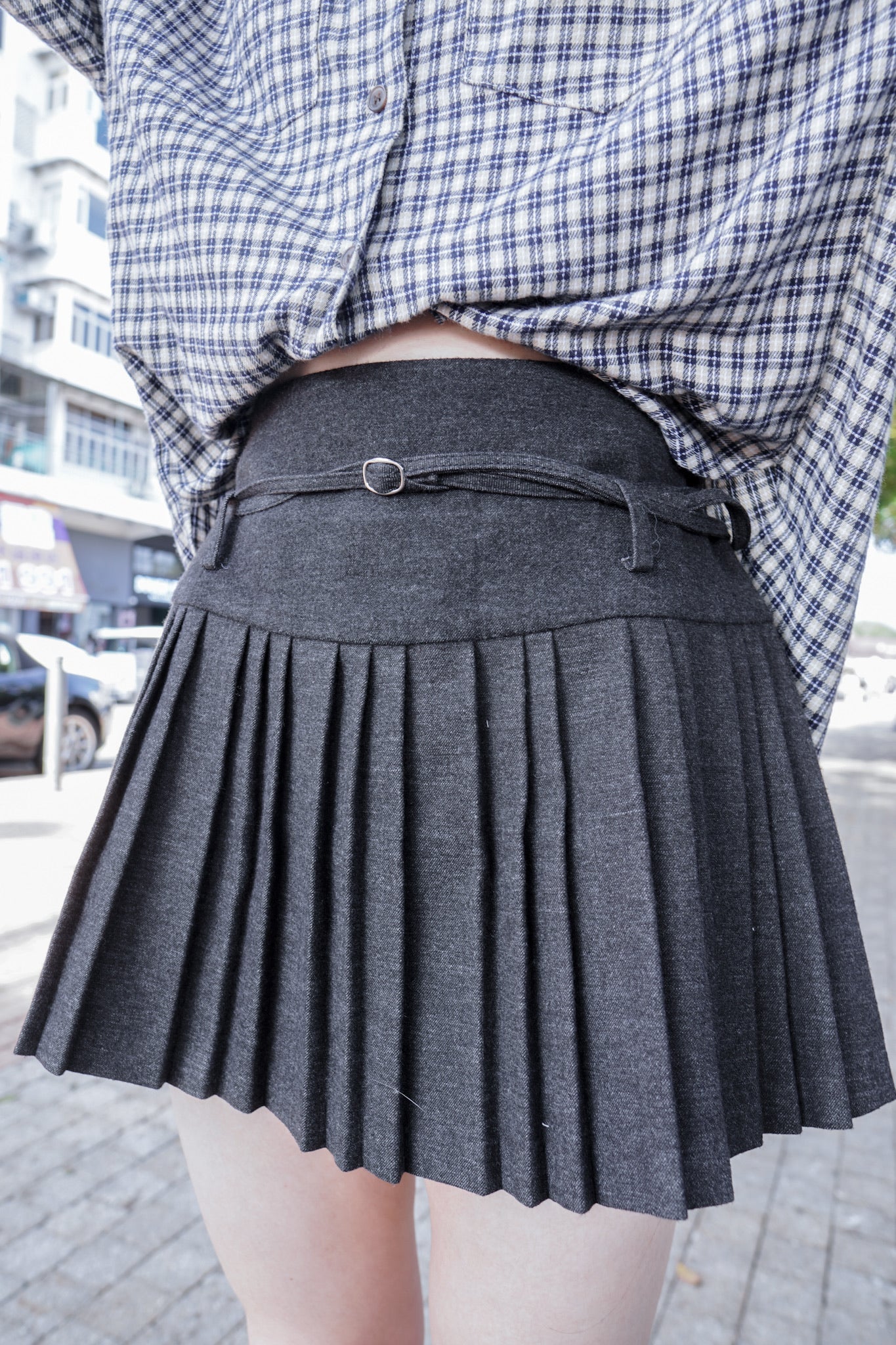 <現貨> 自家製 學院風高腰毛呢半身短裙+腰帶兩件套｜兩色入