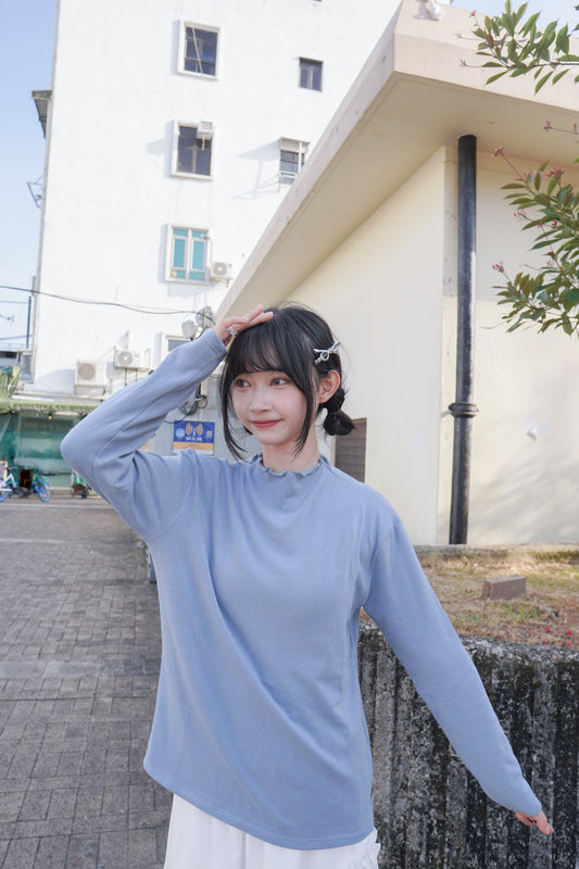 <現貨> 自家製 超厚實! ruffle邊半高領純色內搭上衣｜三色入