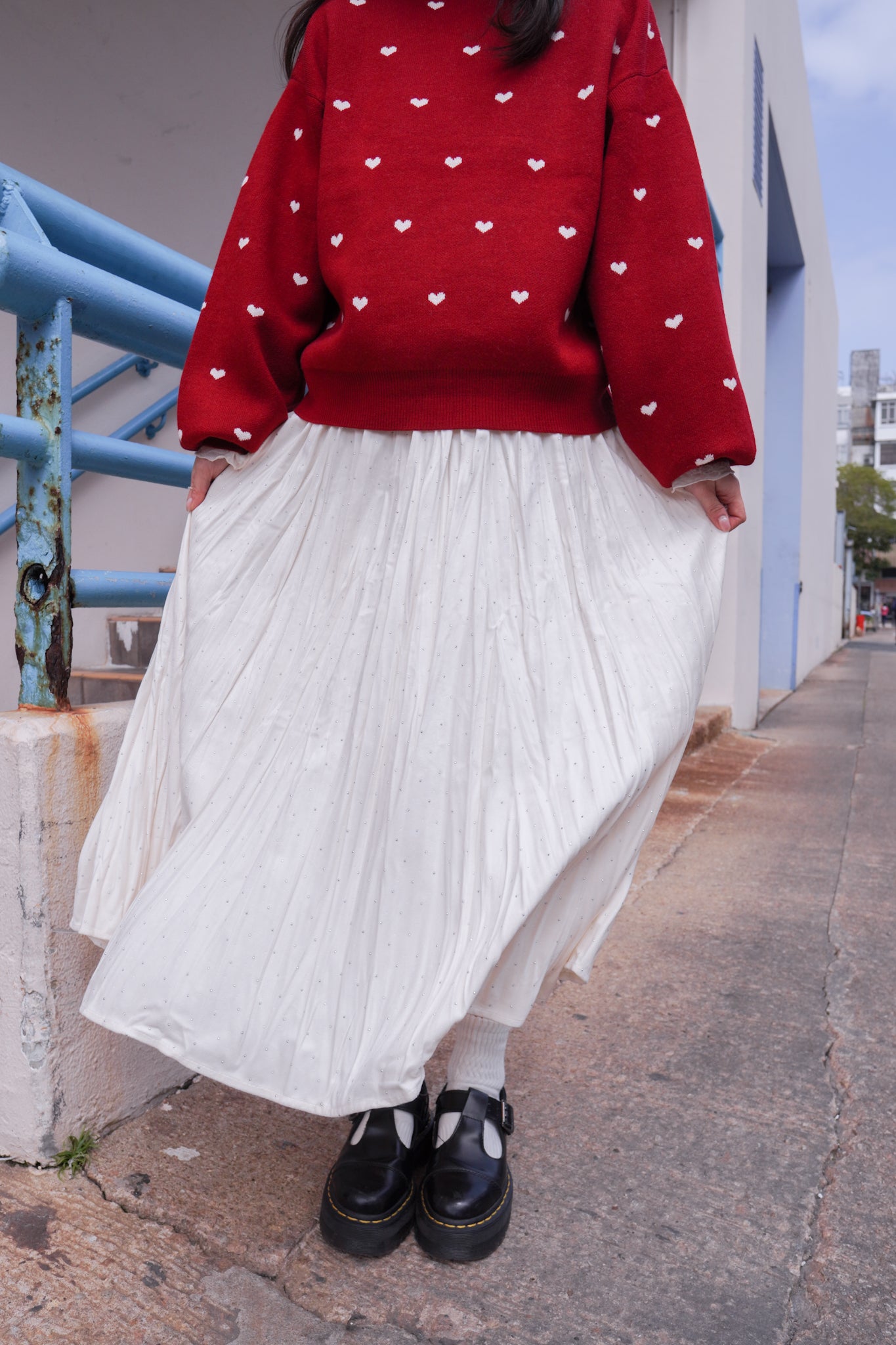 <現貨> 小眾質感♡!!皺摺暗波點高腰彈性半身長裙