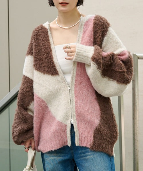 <預訂> 日本大人氣♡日牌 Mono Mart 2-Ways 毛茸茸蓬鬆混色雙拉鍊針織開胸外套｜四色入