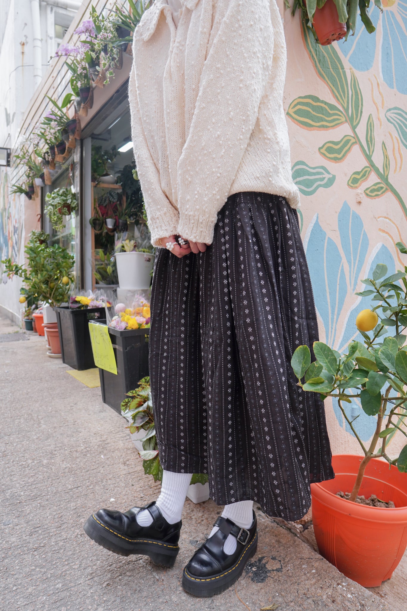 <現貨> 復古直紋碎花半身長裙