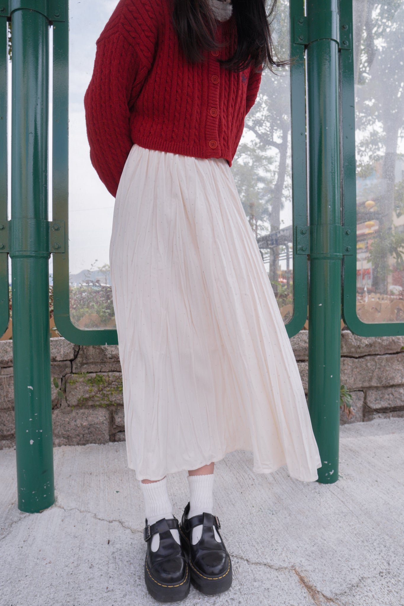 <現貨> 小眾質感♡!!皺摺暗波點高腰彈性半身長裙