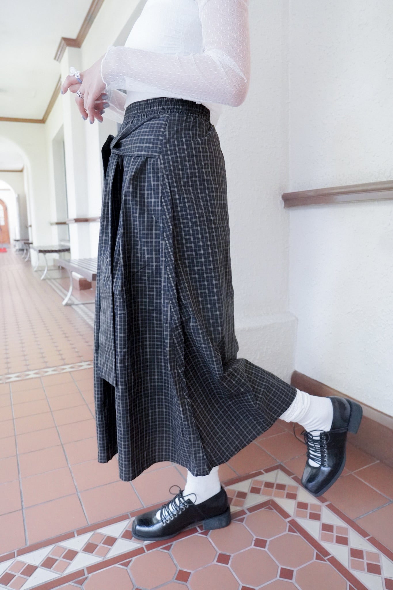 <現貨> 自家製 棉麻格紋綁帶半身長裙