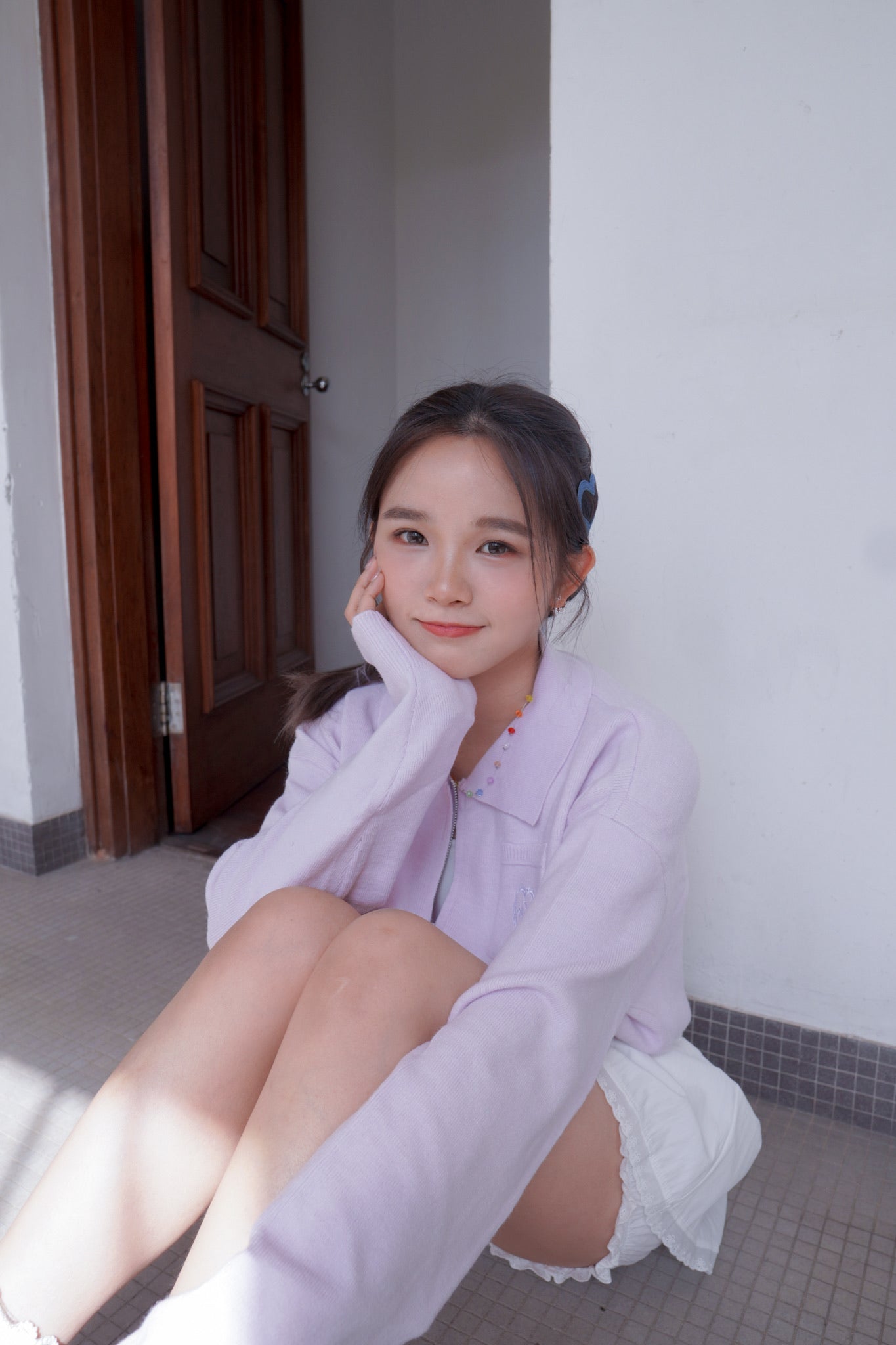 <預訂> 超可愛～馬卡龍愛心刺繡拉鍊口袋針織上衣｜薰衣草紫