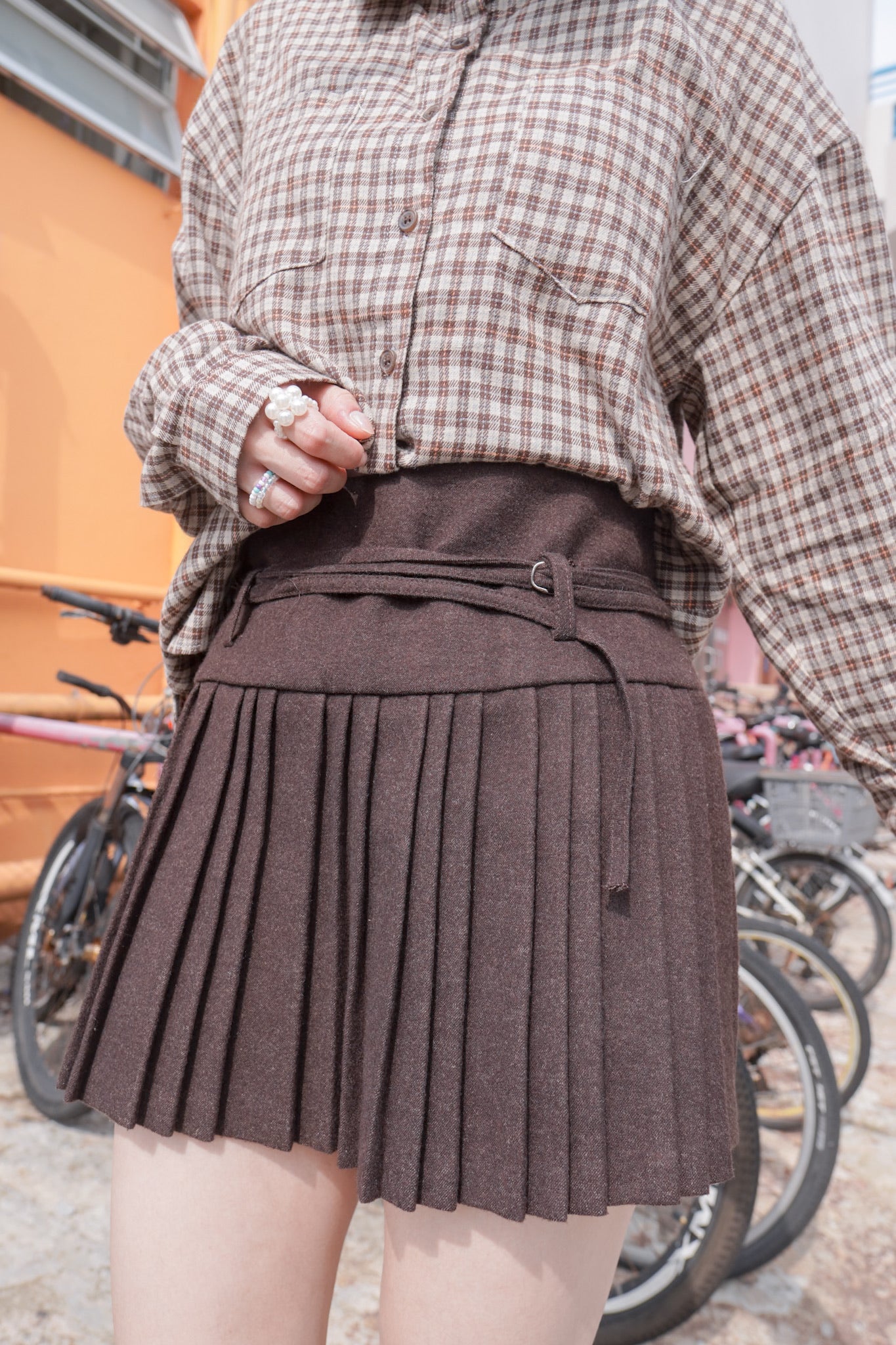 <現貨> 自家製 學院風高腰毛呢半身短裙+腰帶兩件套｜兩色入