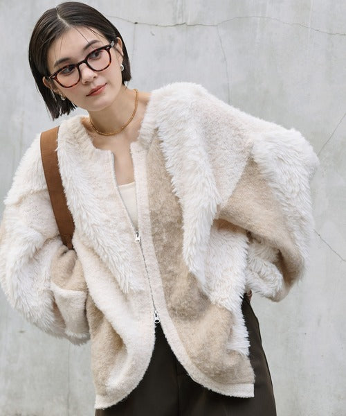 <預訂> 日本大人氣♡日牌 Mono Mart 2-Ways 毛茸茸蓬鬆混色雙拉鍊針織開胸外套｜四色入