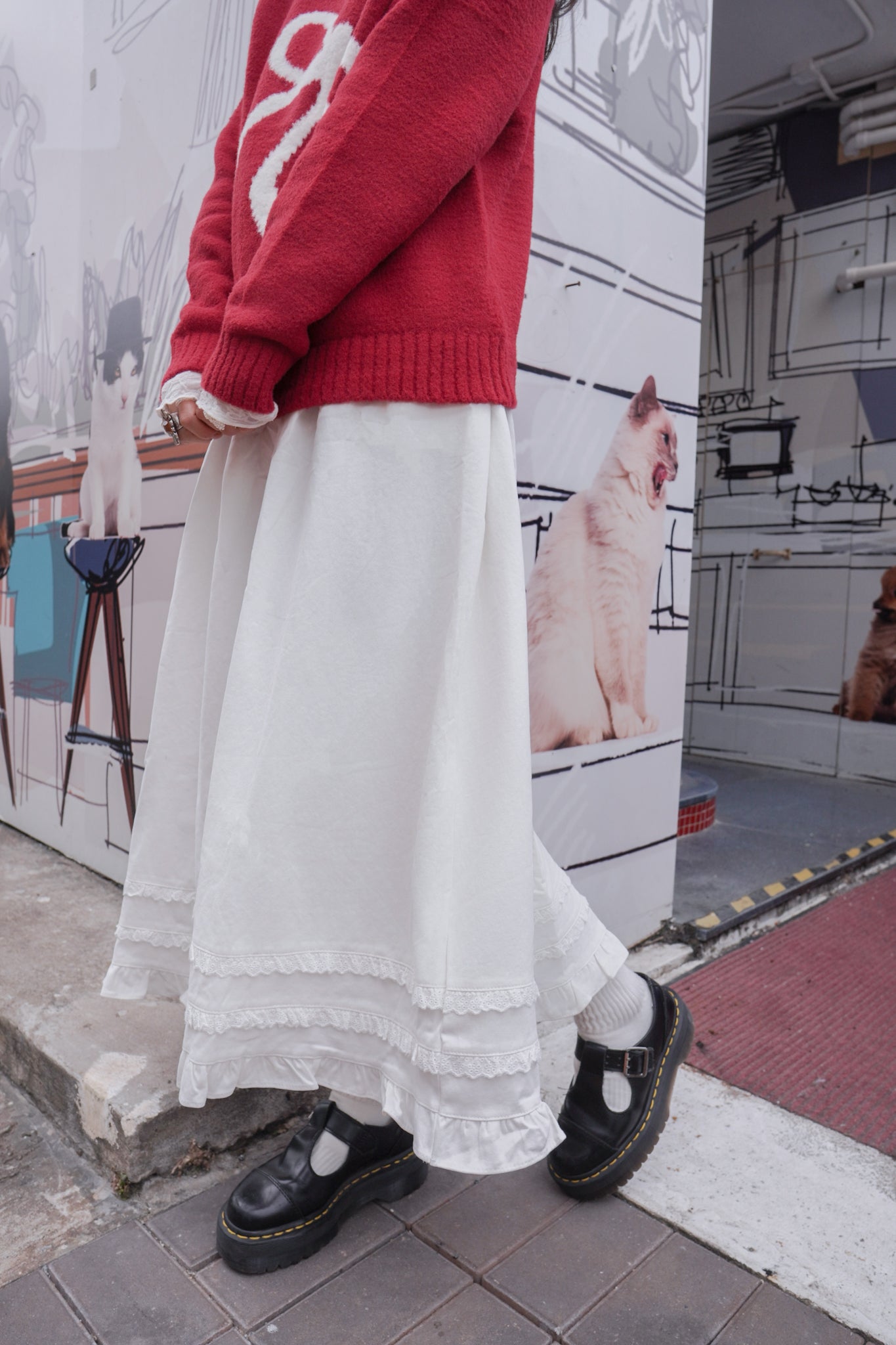 <現貨> 超舒服♡!!全棉韓系小奶白花邊半身長裙