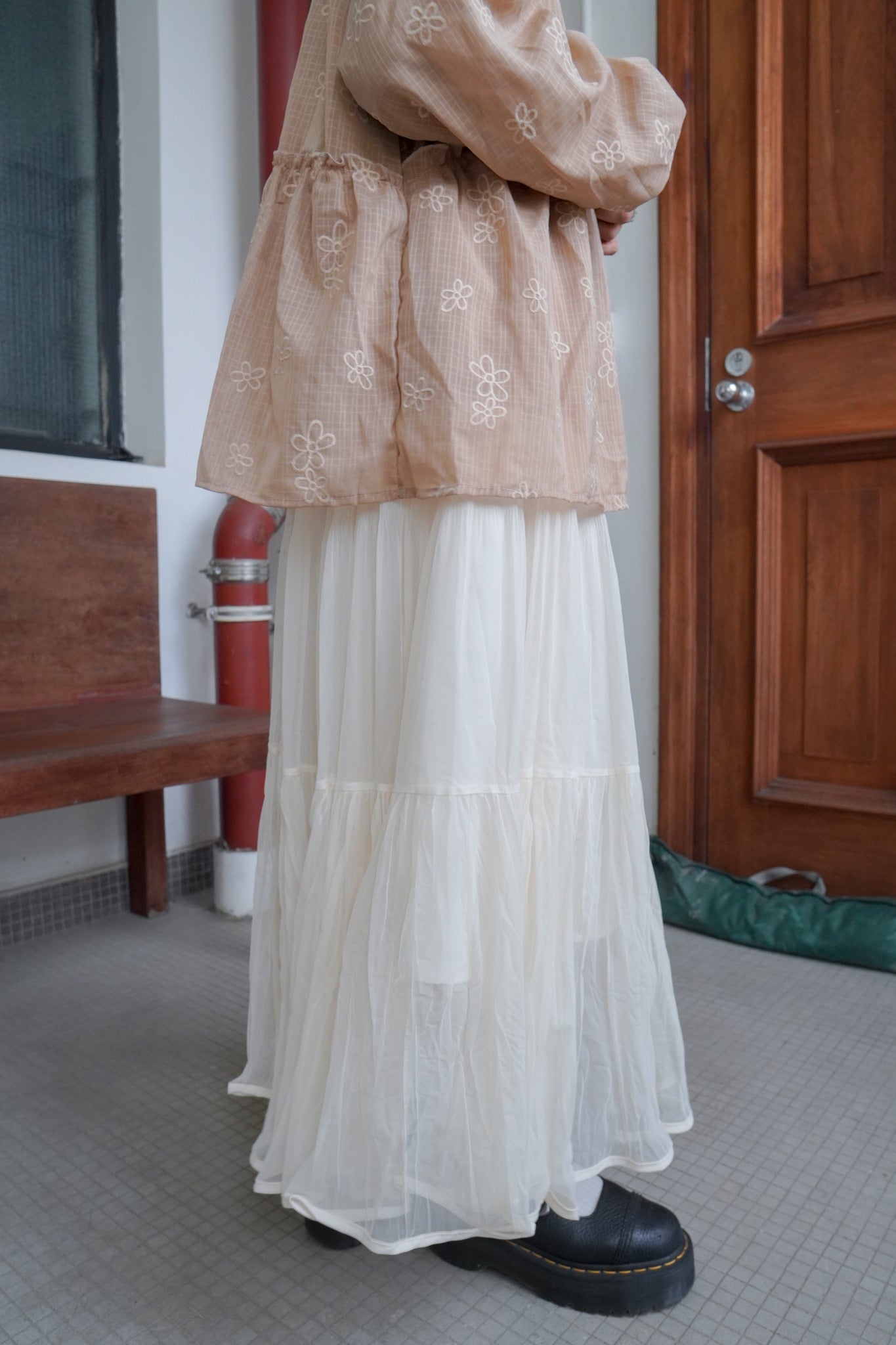 <現貨> 自家製 飄逸感大讚！復古兩層紗質皺褶秋冬A字長裙