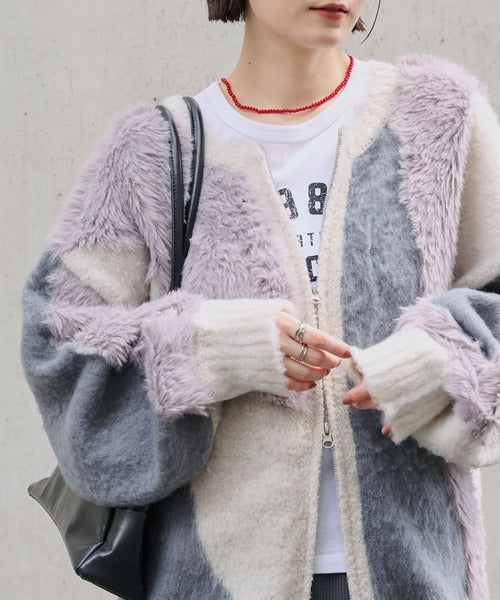 <預訂> 日本大人氣♡日牌 Mono Mart 2-Ways 毛茸茸蓬鬆混色雙拉鍊針織開胸外套｜四色入