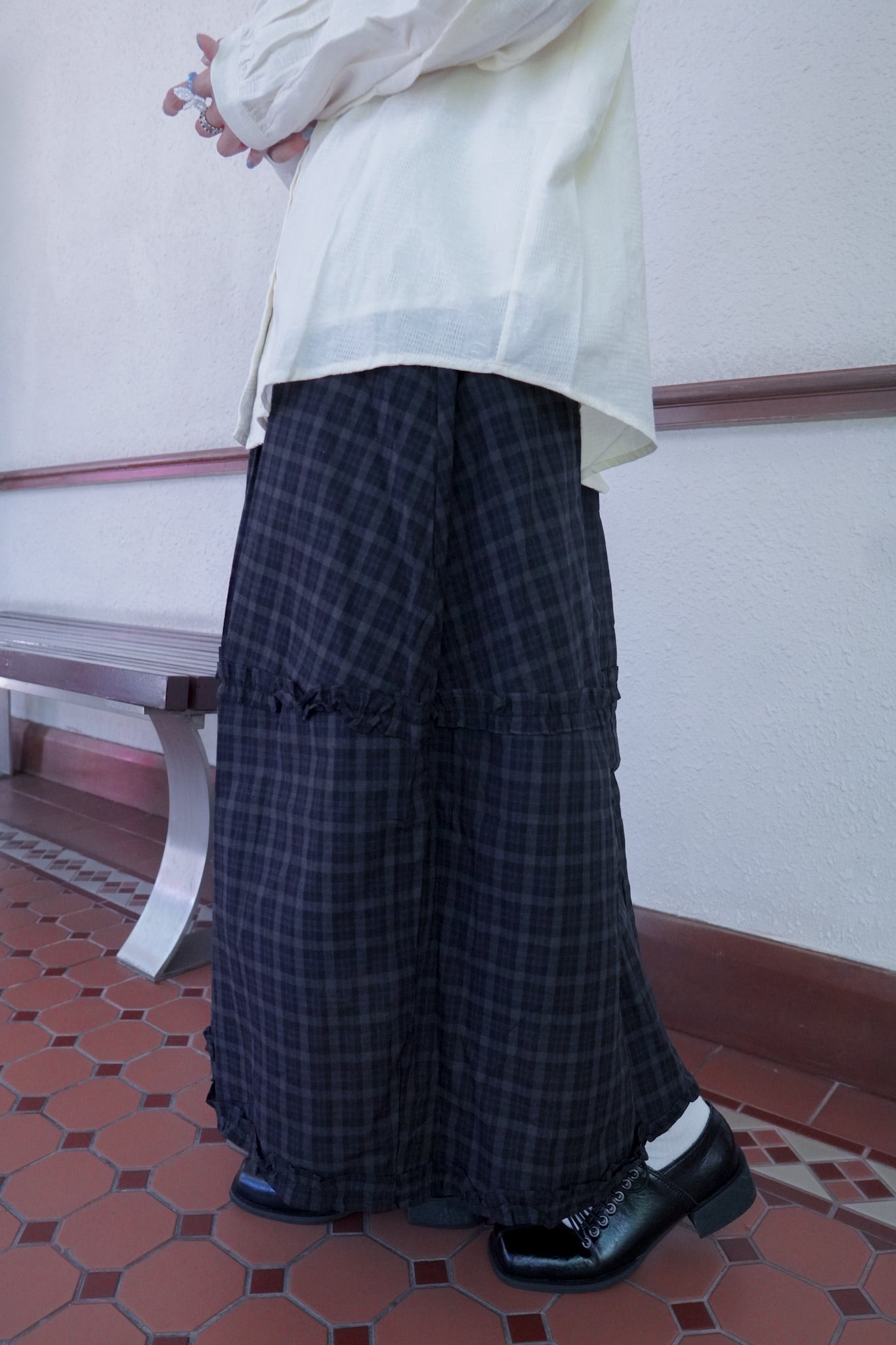 <預訂> 復古格紋花邊半身長裙