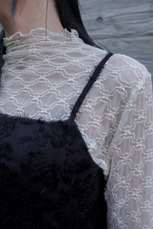 <現貨> 蕾絲提花透透高領長袖打底上衣｜兩色入