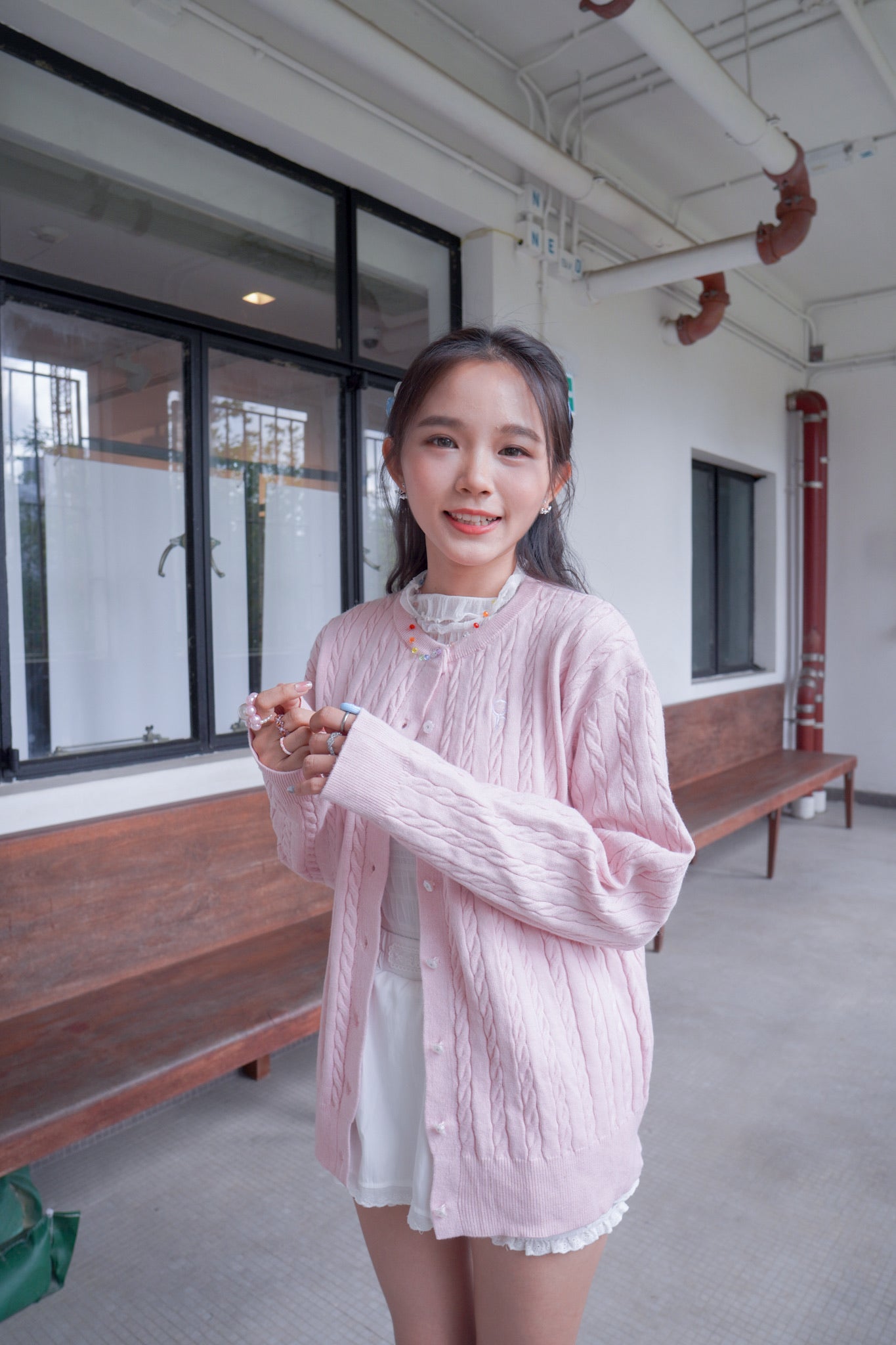 <現貨> 超可愛糖果色～棉花中長款花朵扣麻花開胸外套｜淺粉