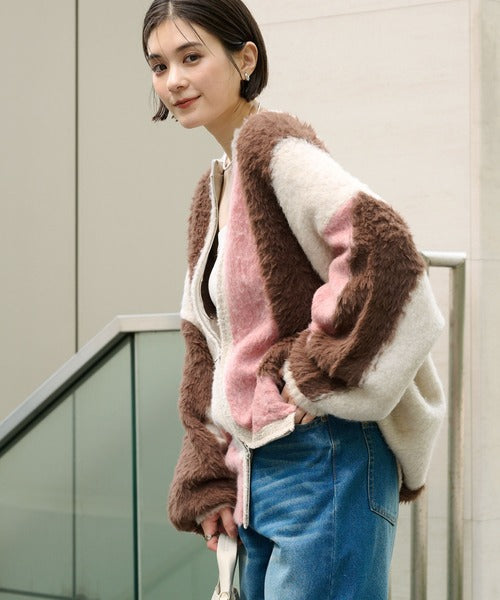 <預訂> 日本大人氣♡日牌 Mono Mart 2-Ways 毛茸茸蓬鬆混色雙拉鍊針織開胸外套｜四色入