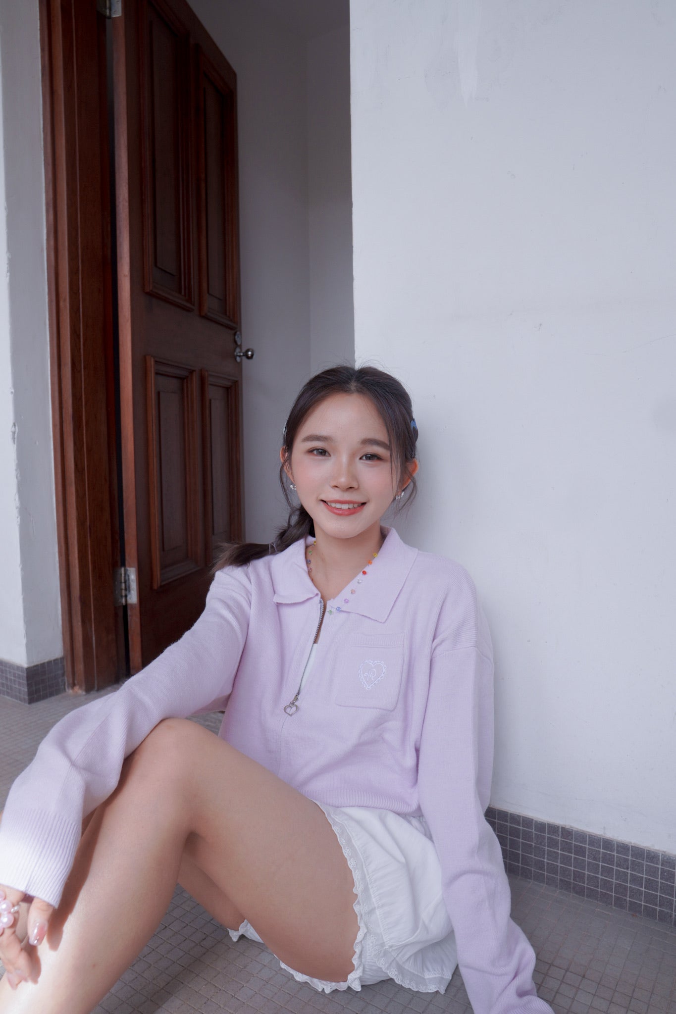 <預訂> 超可愛～馬卡龍愛心刺繡拉鍊口袋針織上衣｜薰衣草紫