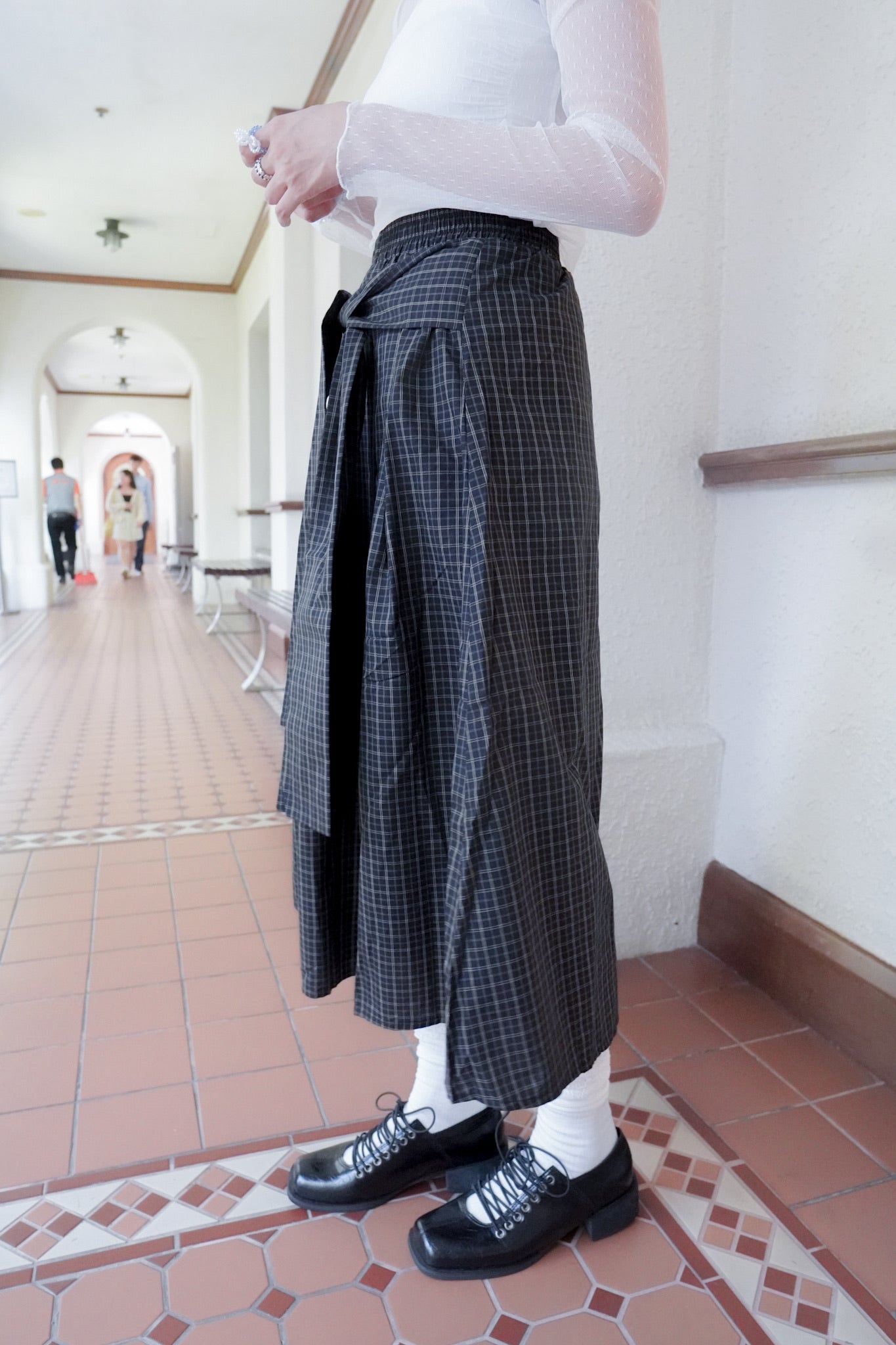 <現貨> 自家製 棉麻格紋綁帶半身長裙