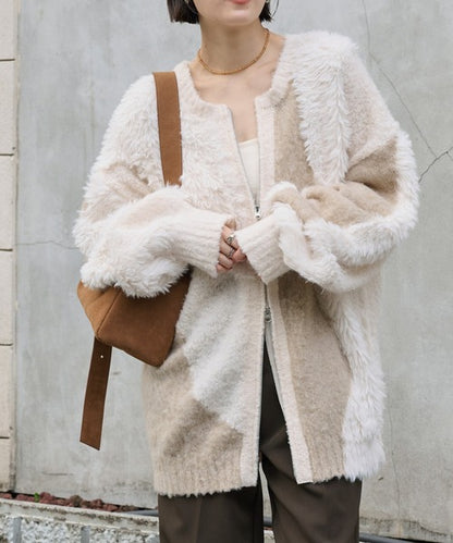 <預訂> 日本大人氣♡日牌 Mono Mart 2-Ways 毛茸茸蓬鬆混色雙拉鍊針織開胸外套｜四色入