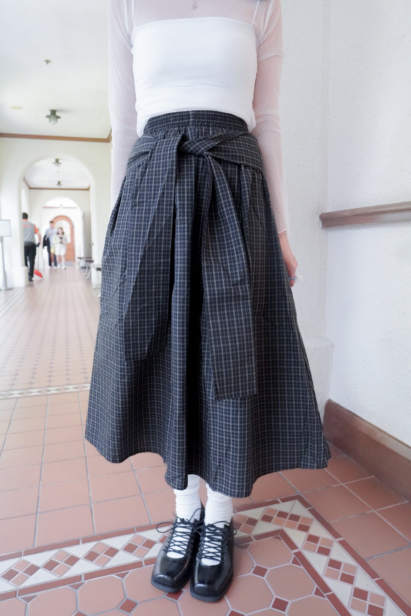 <現貨> 自家製 棉麻格紋綁帶半身長裙