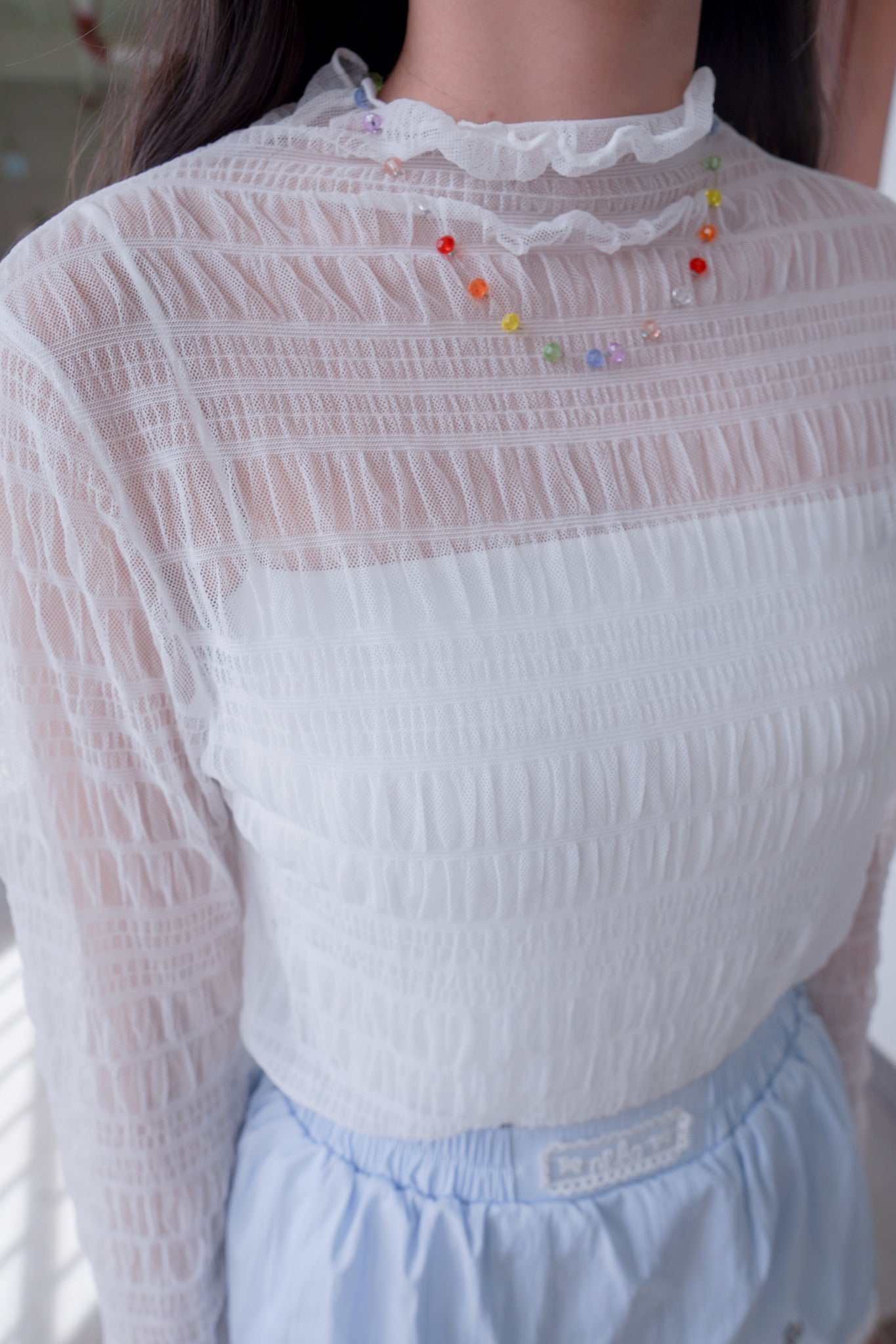 <現貨> 自家製 衣櫃必備！褶皺透明Ruffle邊高領內搭打底上衣