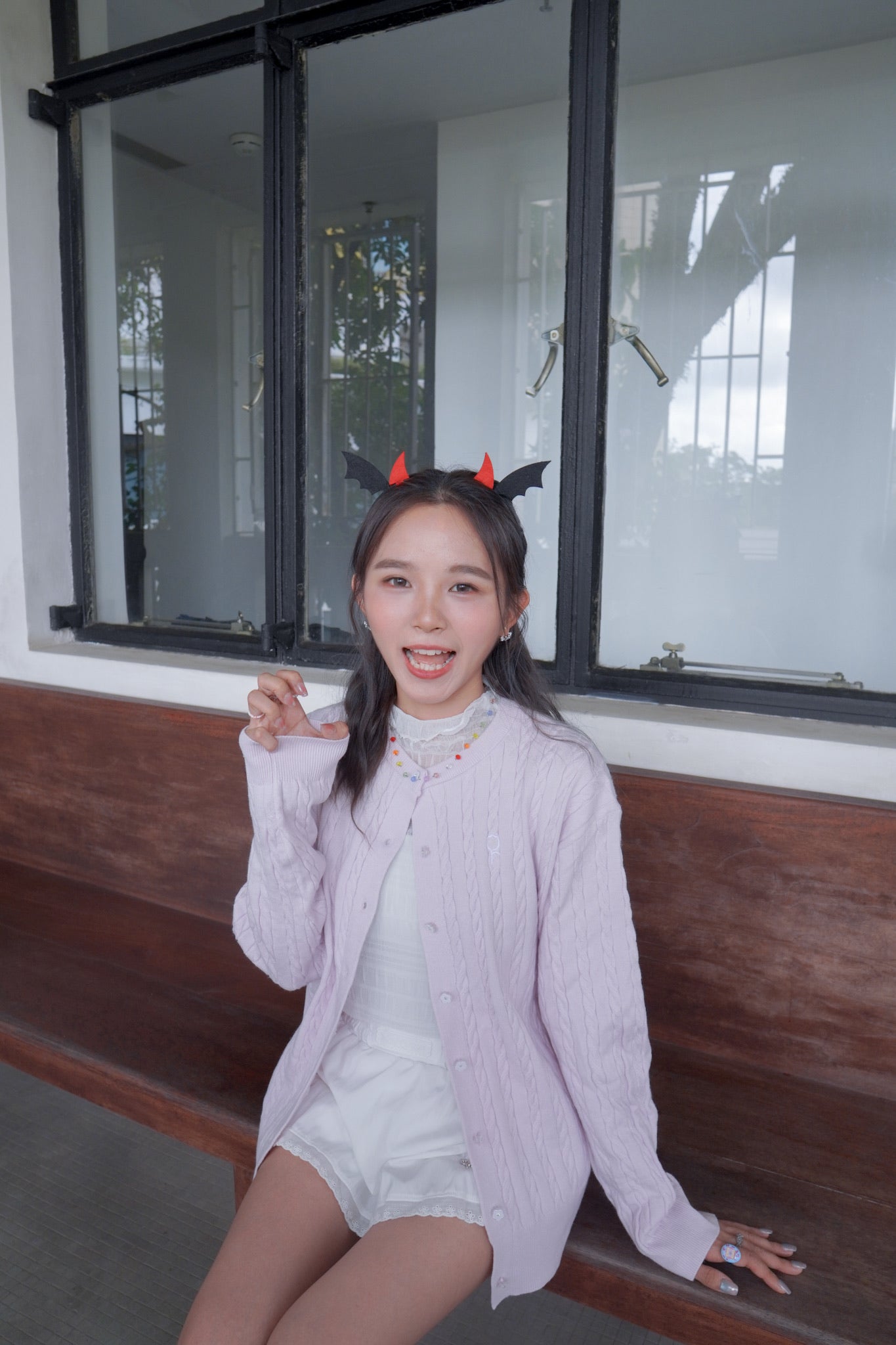 <現貨> 超可愛糖果色～棉花中長款花朵扣麻花開胸外套｜薰衣草紫