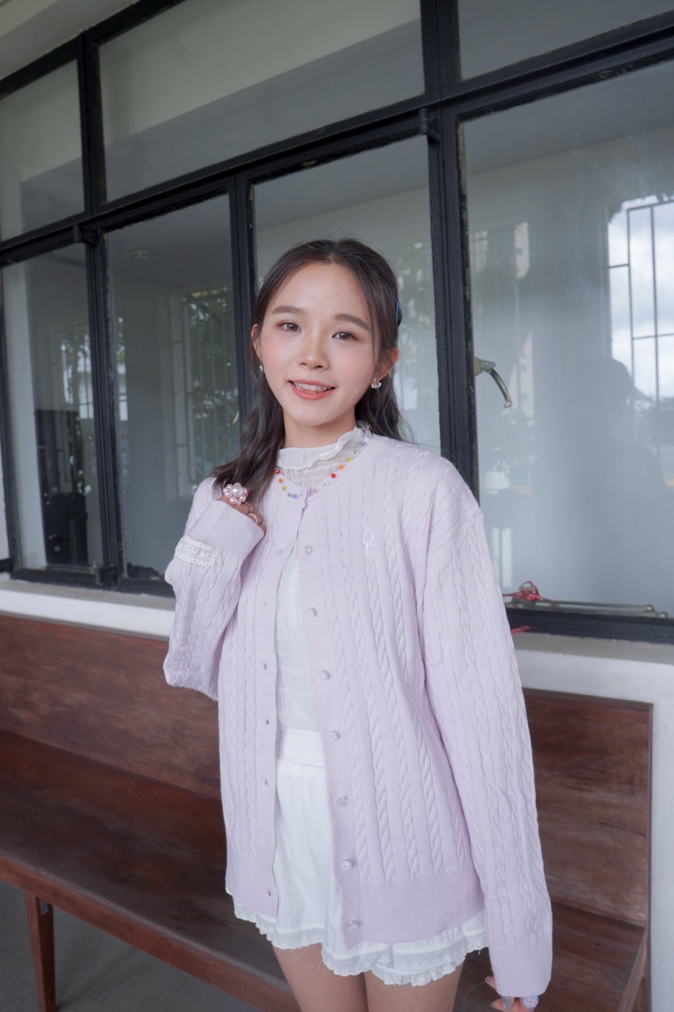 <現貨> 超可愛糖果色～棉花中長款花朵扣麻花開胸外套｜薰衣草紫