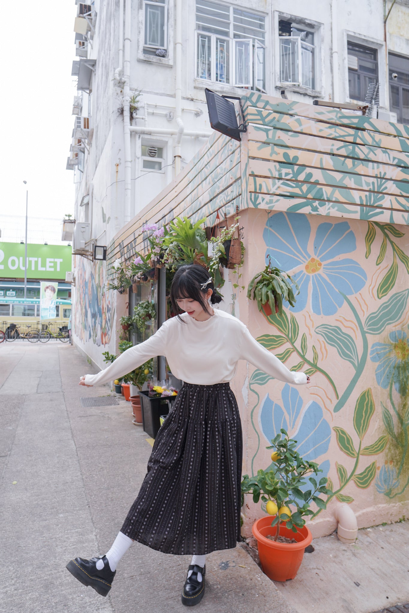 <現貨> 復古直紋碎花半身長裙