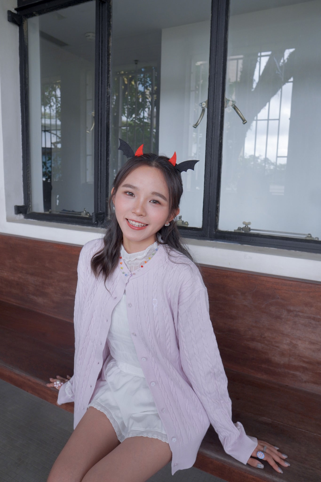 <現貨> 超可愛糖果色～棉花中長款花朵扣麻花開胸外套｜薰衣草紫