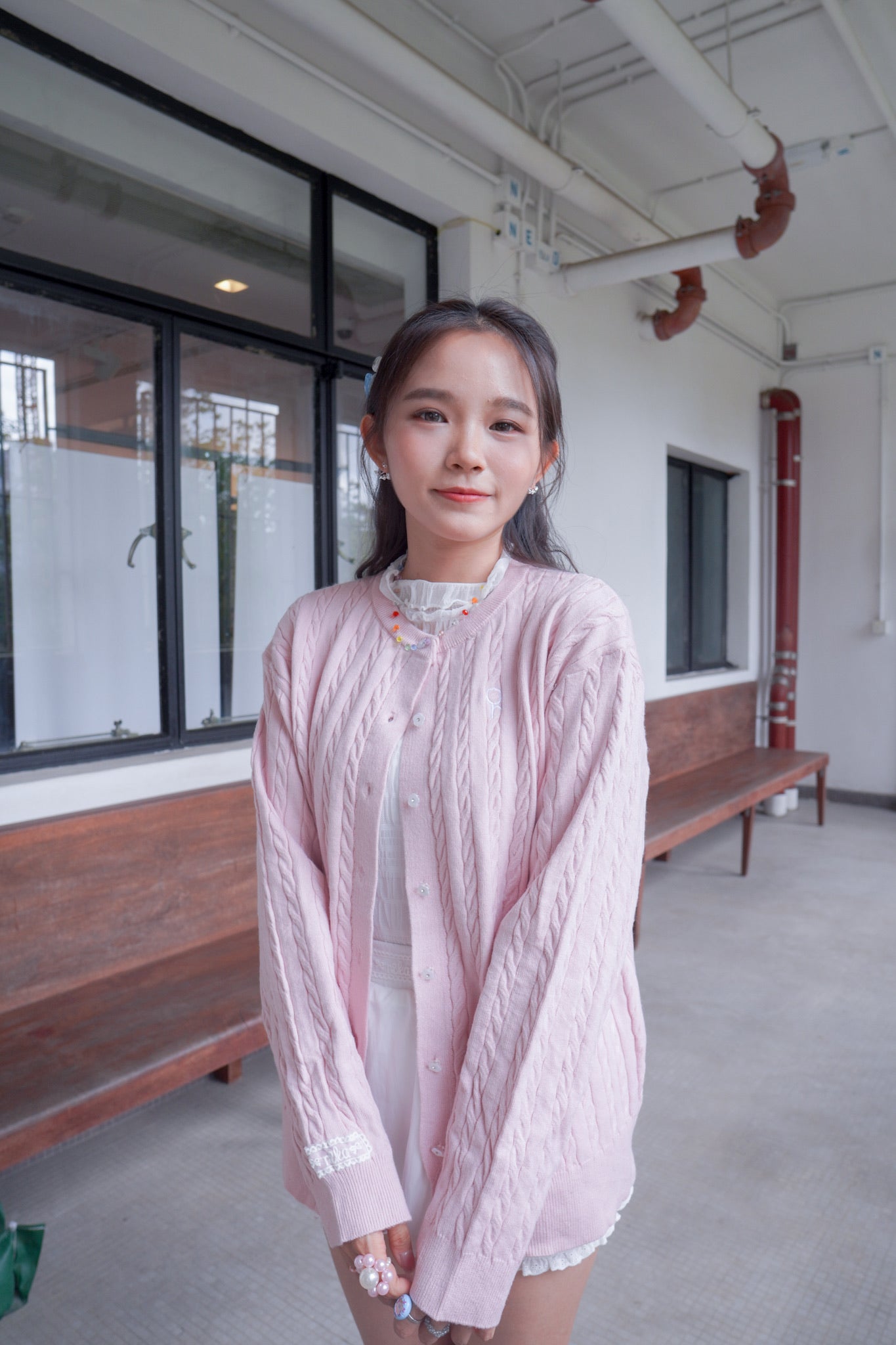 <現貨> 超可愛糖果色～棉花中長款花朵扣麻花開胸外套｜淺粉