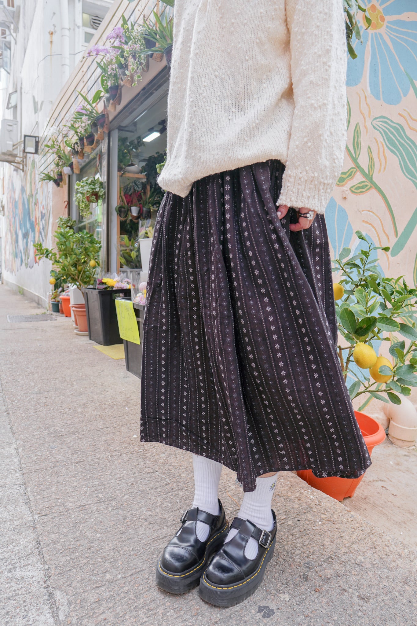 <現貨> 復古直紋碎花半身長裙