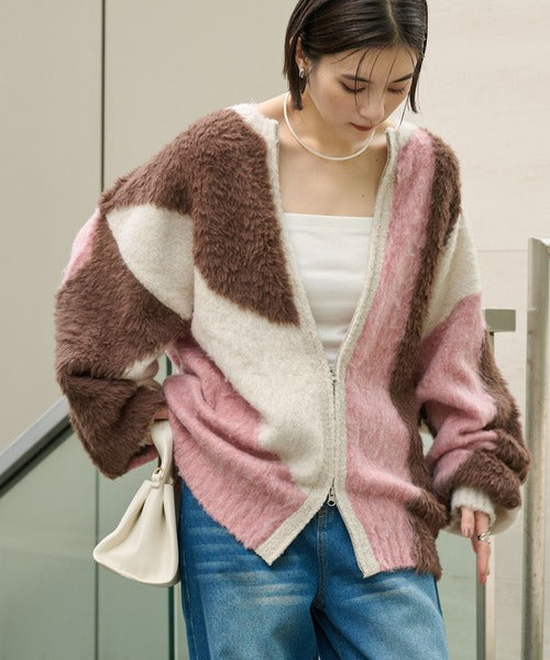 <預訂> 日本大人氣♡日牌 Mono Mart 2-Ways 毛茸茸蓬鬆混色雙拉鍊針織開胸外套｜四色入