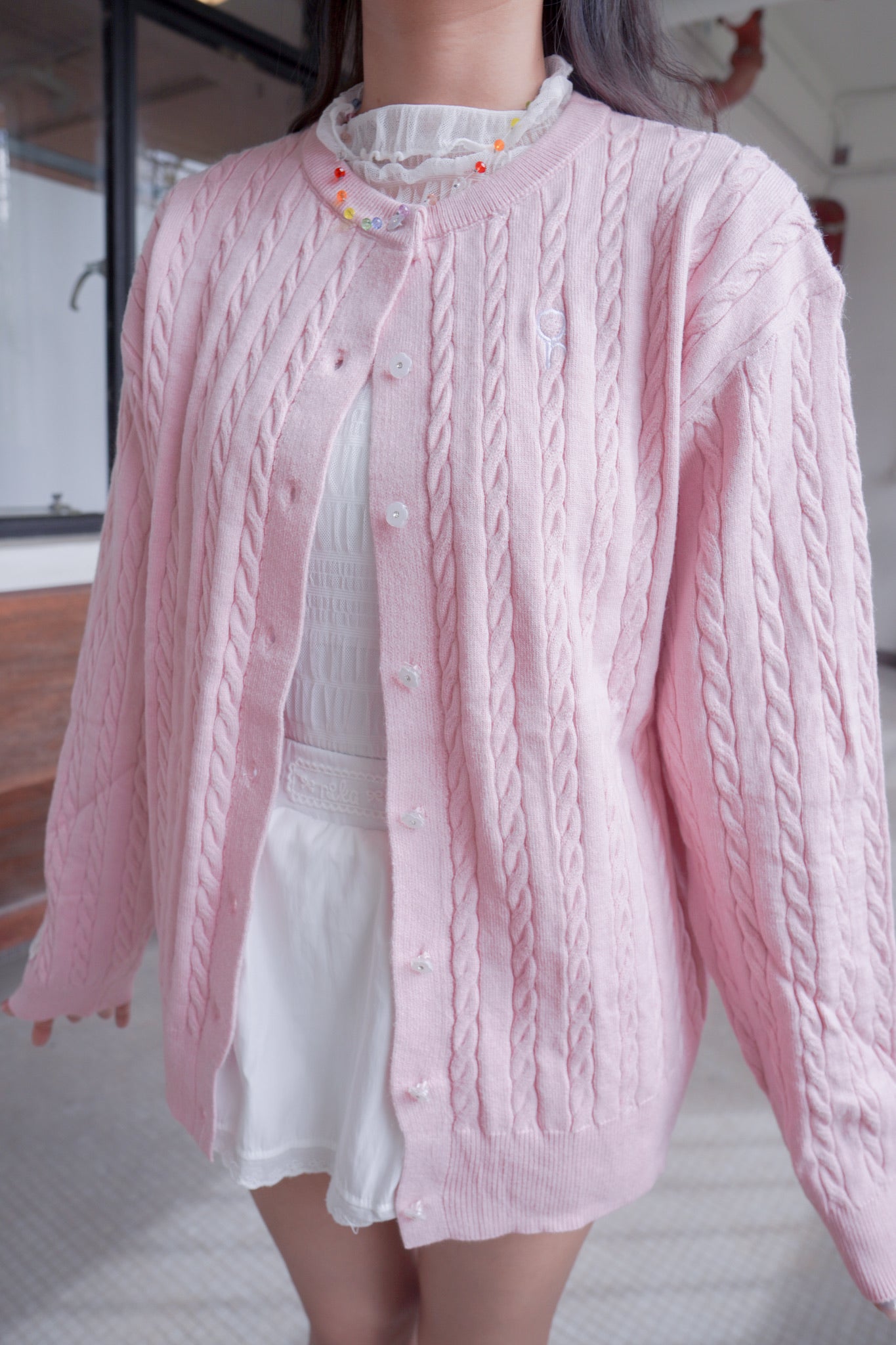 <現貨> 超可愛糖果色～棉花中長款花朵扣麻花開胸外套｜淺粉