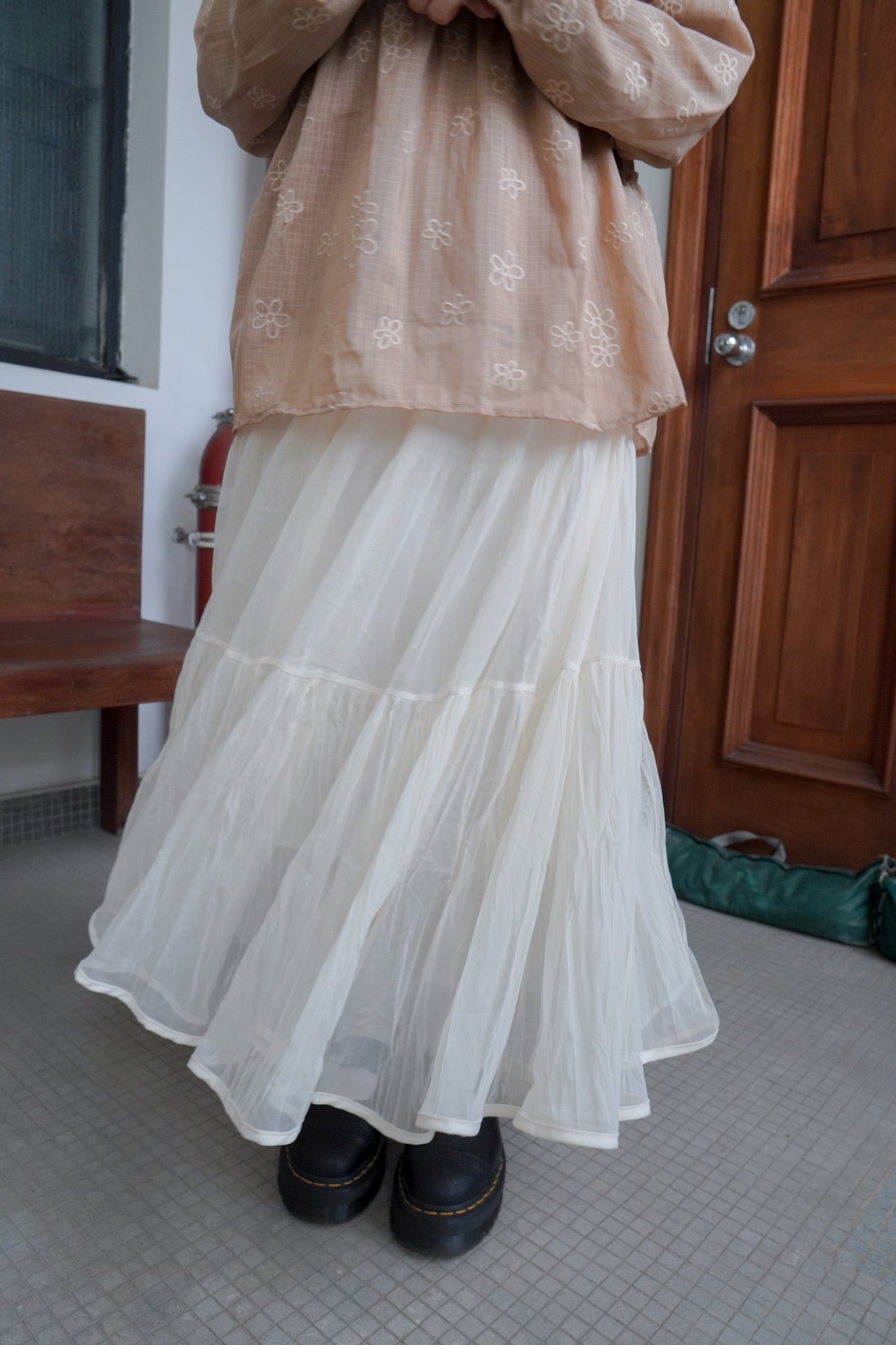 <現貨> 自家製 飄逸感大讚！復古兩層紗質皺褶秋冬A字長裙