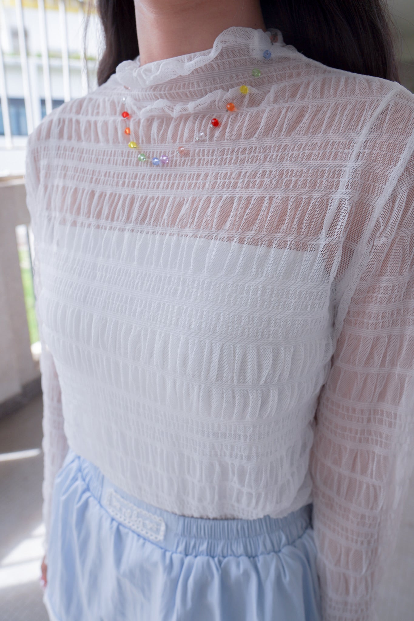 <現貨> 自家製 衣櫃必備！褶皺透明Ruffle邊高領內搭打底上衣