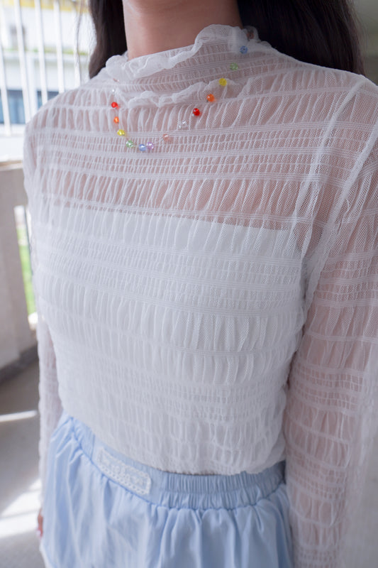 <現貨> 自家製 衣櫃必備！褶皺透明Ruffle邊高領內搭打底上衣