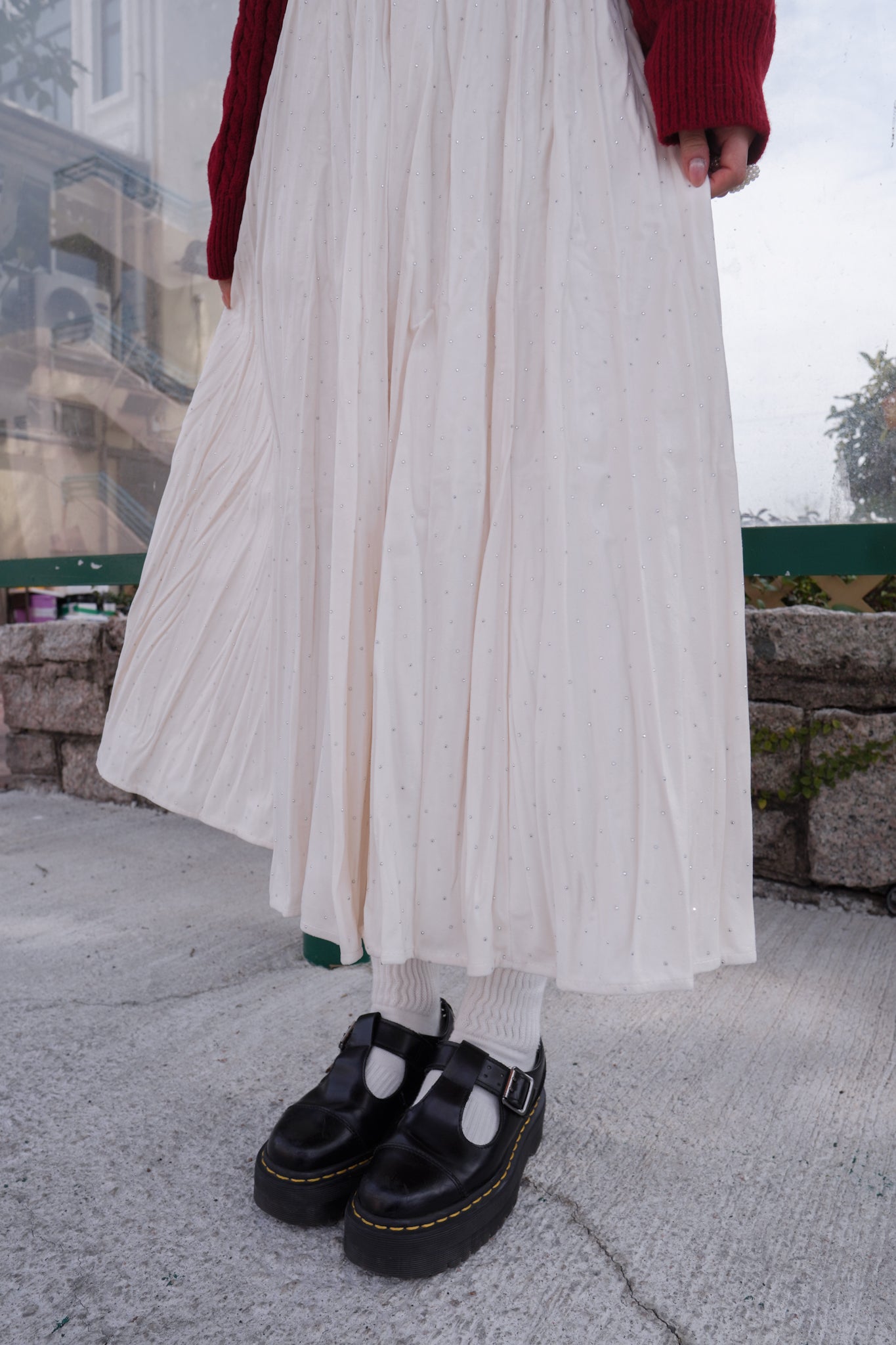 <現貨> 小眾質感♡!!皺摺暗波點高腰彈性半身長裙