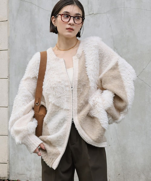 <預訂> 日本大人氣♡日牌 Mono Mart 2-Ways 毛茸茸蓬鬆混色雙拉鍊針織開胸外套｜四色入