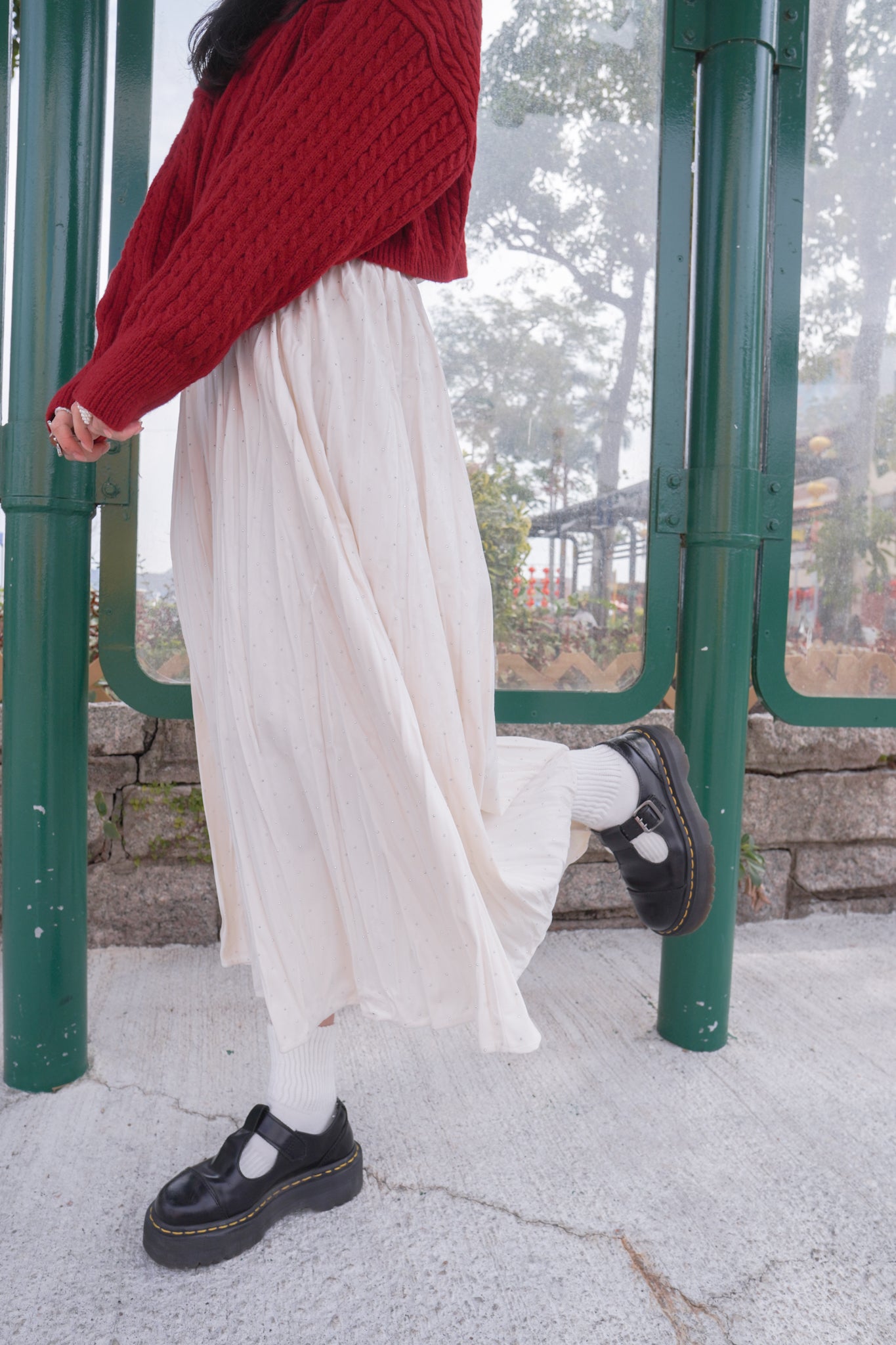 <現貨> 小眾質感♡!!皺摺暗波點高腰彈性半身長裙