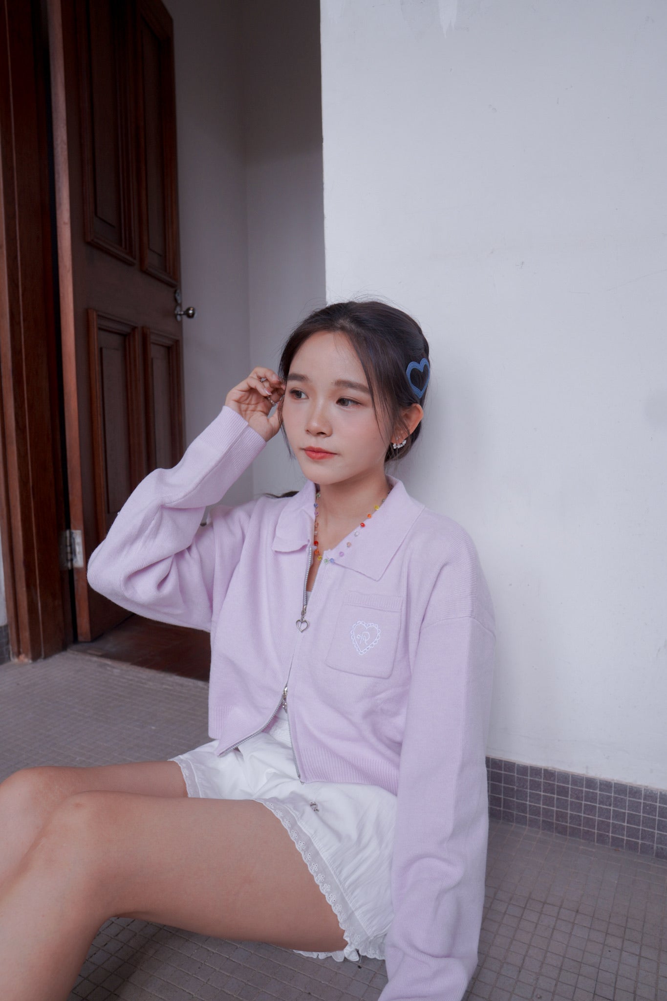 <預訂> 超可愛～馬卡龍愛心刺繡拉鍊口袋針織上衣｜薰衣草紫