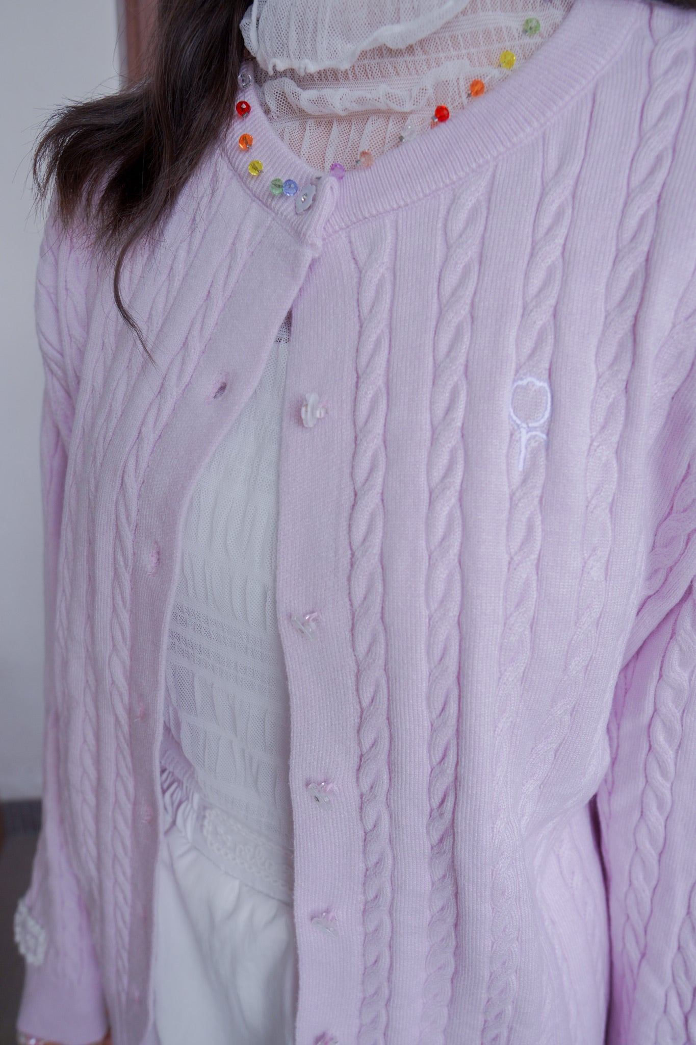 <現貨> 超可愛糖果色～棉花中長款花朵扣麻花開胸外套｜薰衣草紫