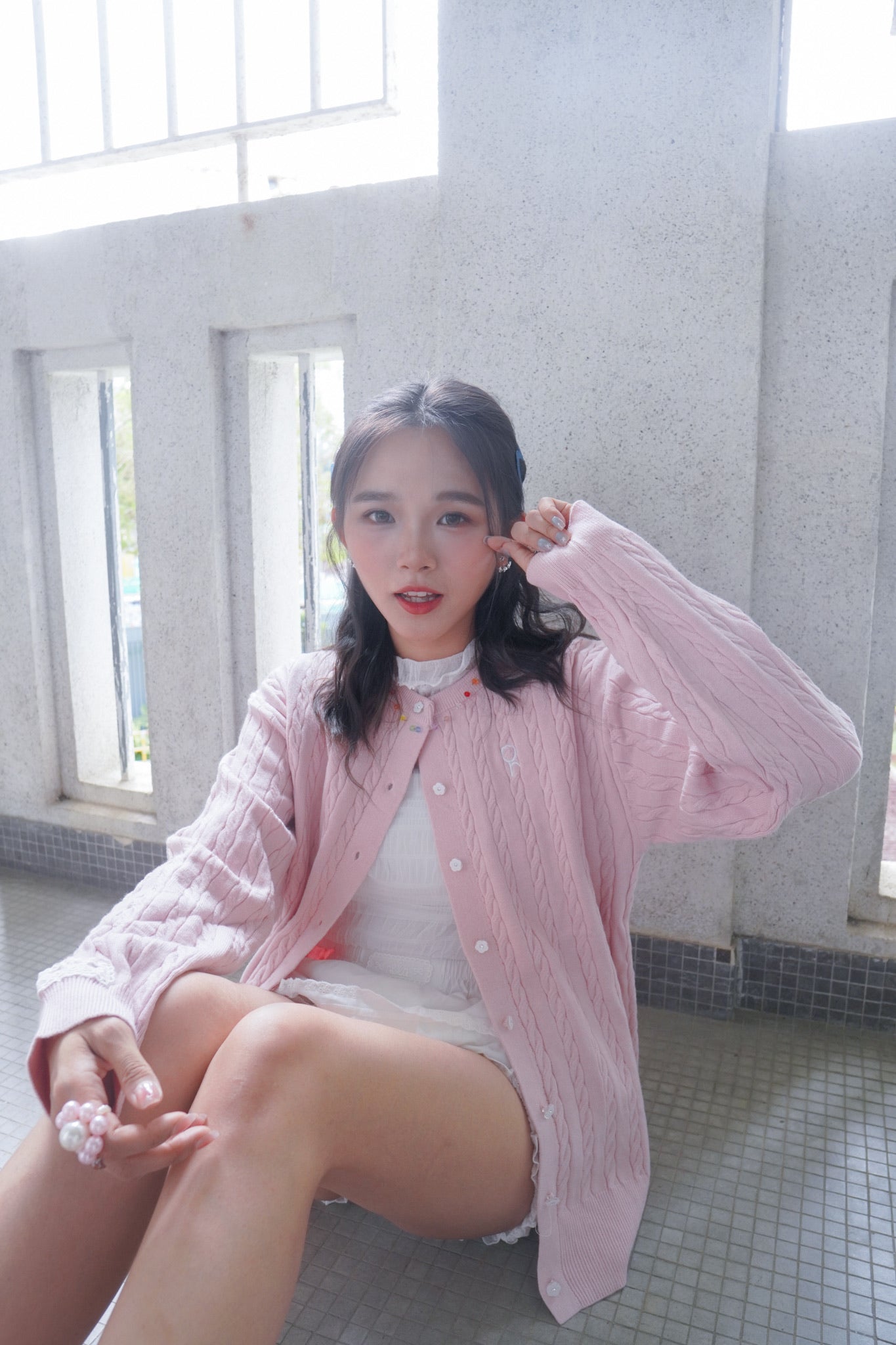 <現貨> 超可愛糖果色～棉花中長款花朵扣麻花開胸外套｜淺粉