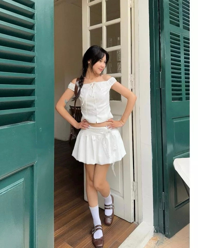 <預訂> 越南小眾品牌🇻🇳 超可愛蕾絲蝴蝶結泡泡短裙(含打底) | 兩色入