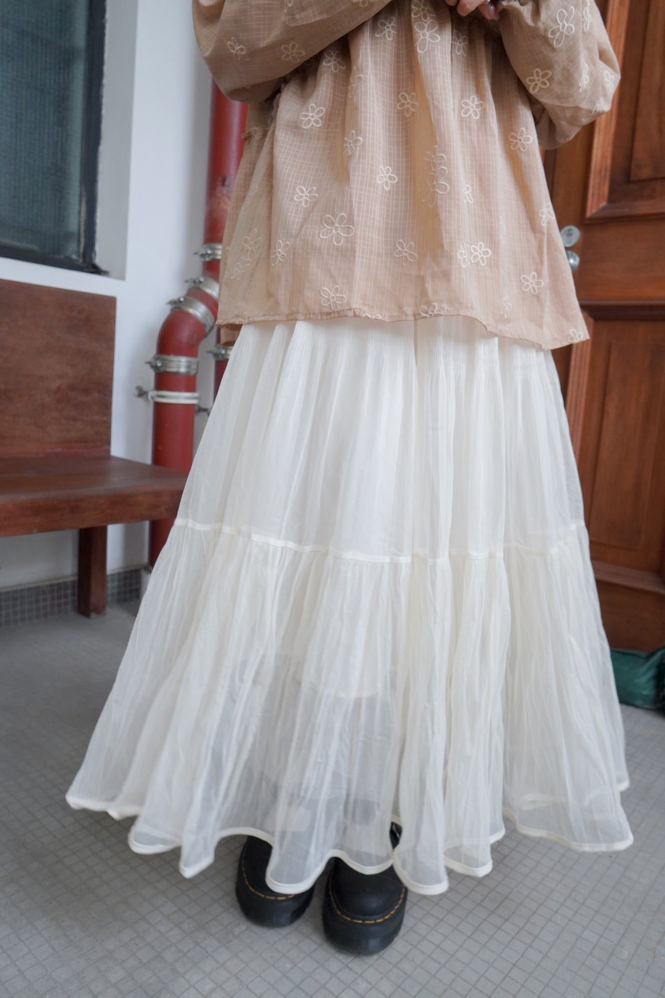 <現貨> 自家製 飄逸感大讚！復古兩層紗質皺褶秋冬A字長裙