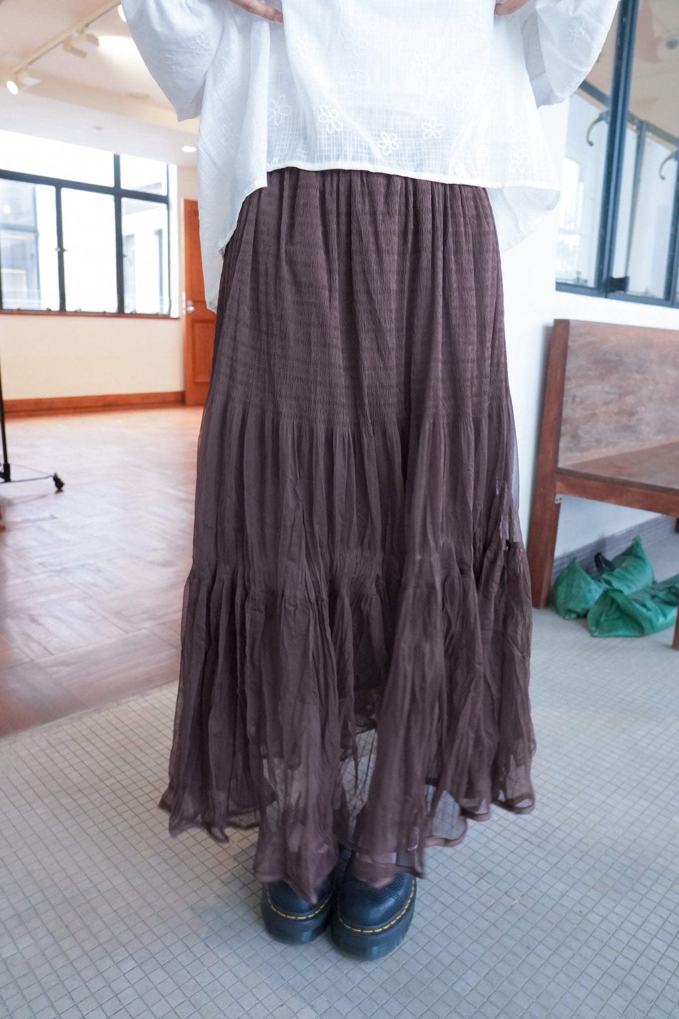 <現貨> 自家製 飄逸感大讚！復古兩層紗質皺褶秋冬A字長裙