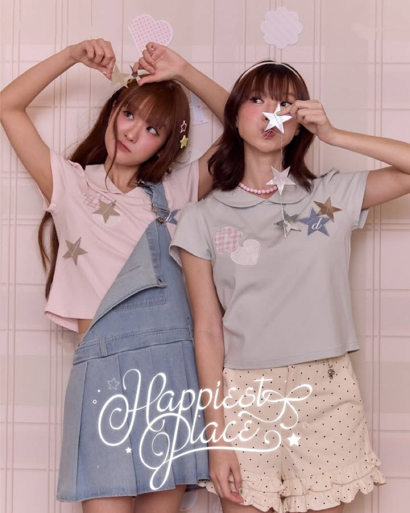 <預訂> 泰國小眾品牌🇹🇭 彼得潘領愛心+星星+花朵拼接上衣 | 兩色入