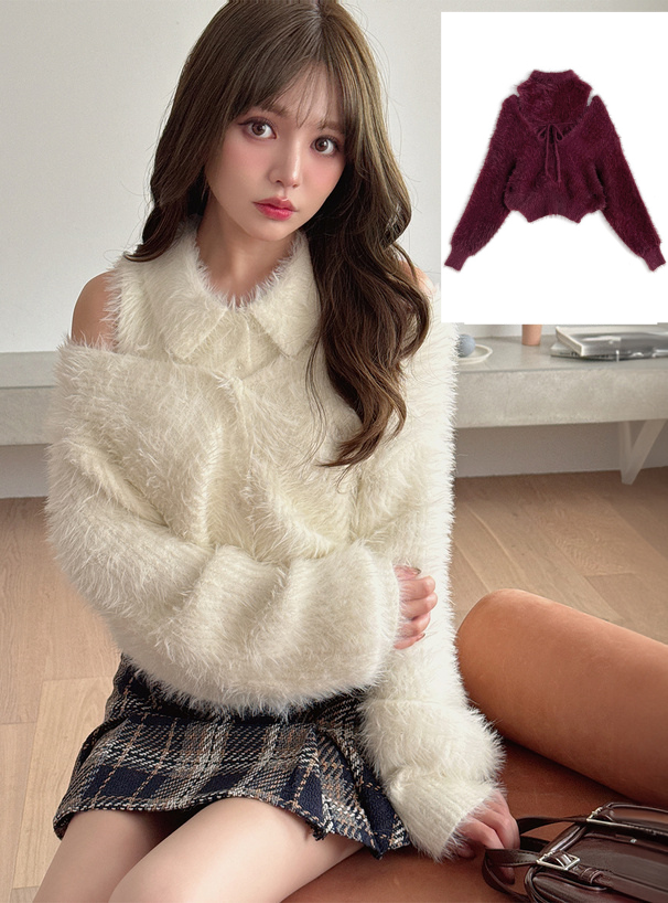 <預訂> 翻領無袖上衣+毛茸茸針織上衣兩件套裝｜兩色入