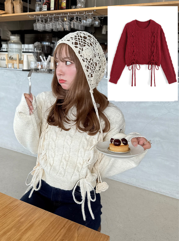 <預訂> 繫帶緞帶麻花針織上衣｜五色入