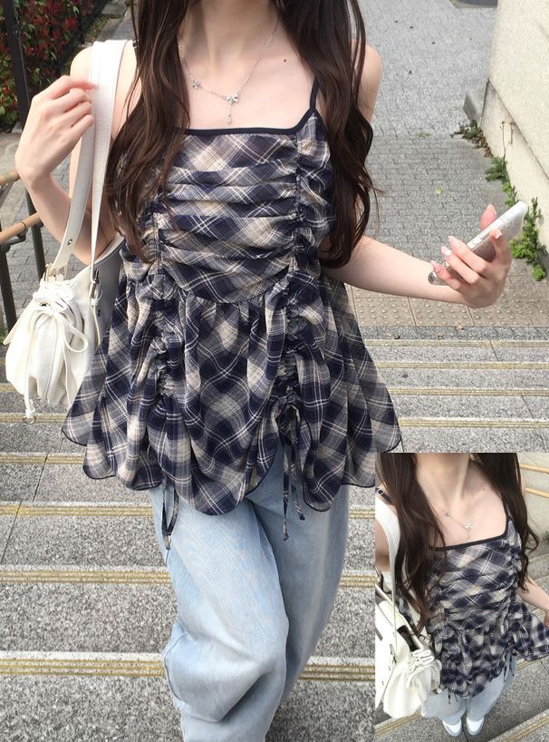 <預訂> JP 格子抽繩吊帶背心式上衣