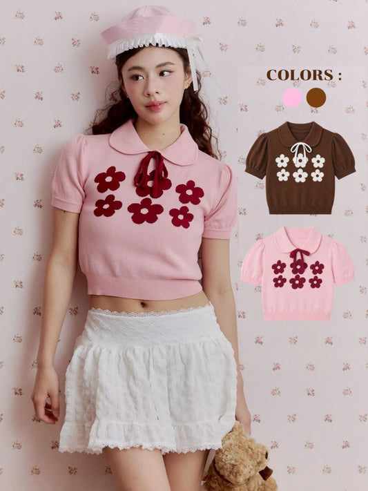 <預訂> 泰國小眾品牌🇹🇭 刺繡花花針織Crop Tee | 兩色入