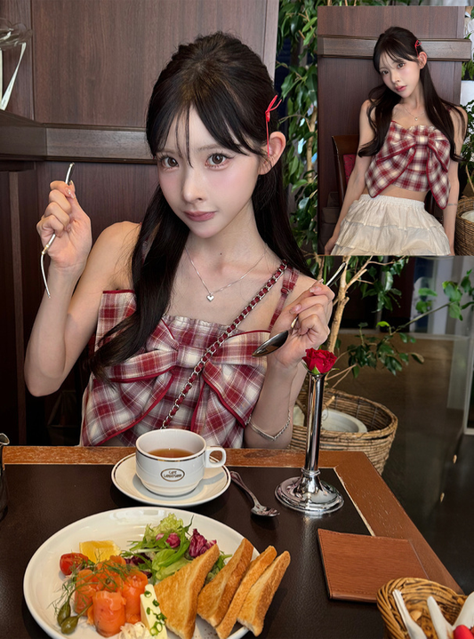 <預訂> JP 格紋圖案大緞帶吊帶胸背心 | 兩色入